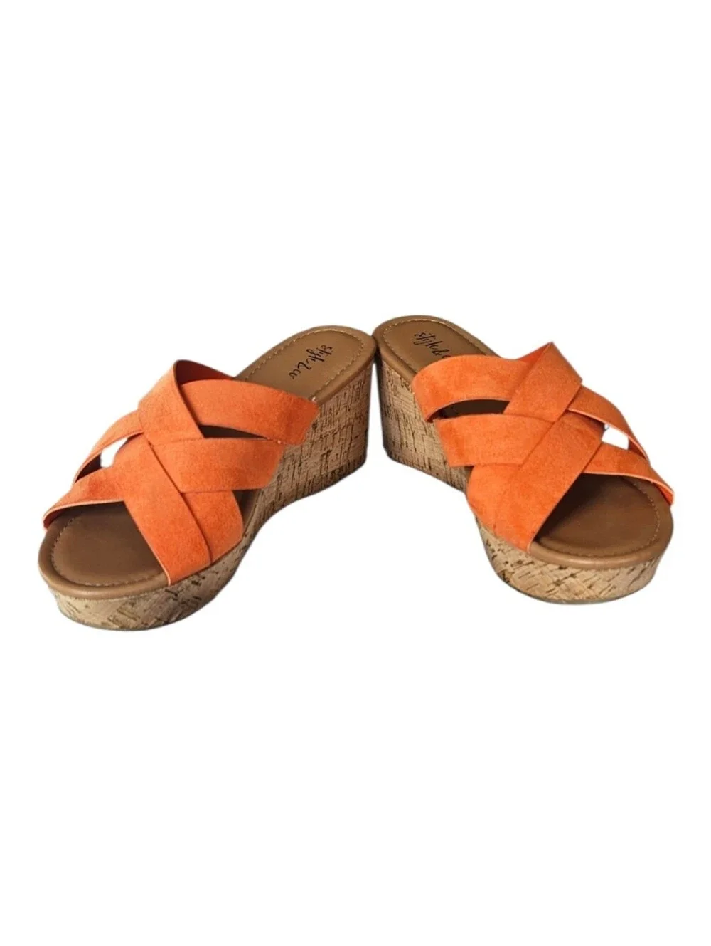 ​Style & Co Bright Orange Crisscross Suede Cork Wedge Sandals Slide Platform 7.5